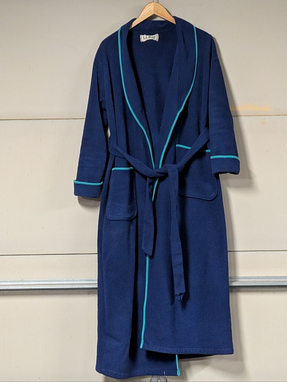 LL Bean Belted Bathrobe Mens/Womens Size Large Blue with Green Trim Made in USA